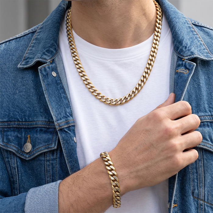 Brățară Masivă Bărbați, Stil Curb Chain Two Tone, Oțel Inoxidabil, Placat cu Aur 18K, Grosime 8 mm, Lungime 19 cm [3]