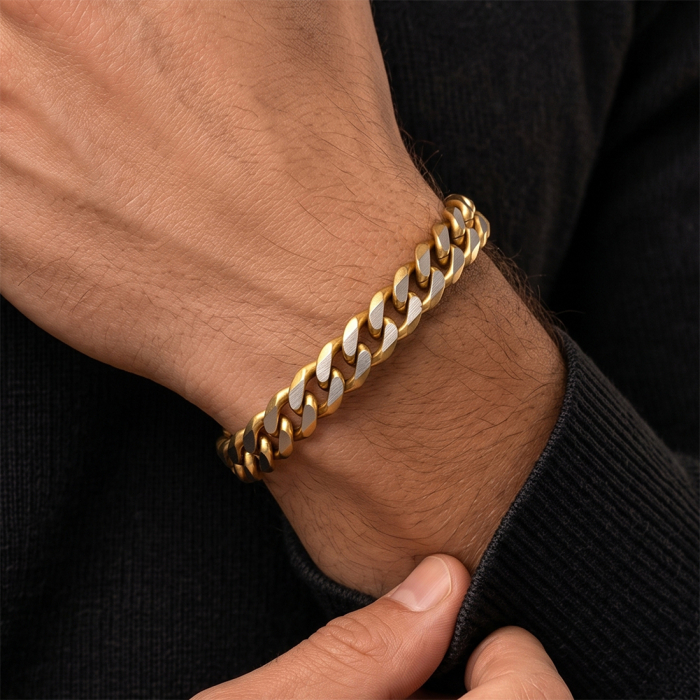 Brățară Masivă Bărbați, Stil Curb Chain Two Tone, Oțel Inoxidabil, Placat cu Aur 18K, Grosime 8 mm, Lungime 19 cm [2]