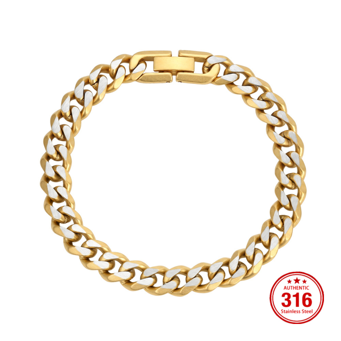 Brățară Masivă Bărbați, Stil Curb Chain Two Tone, Oțel Inoxidabil, Placat cu Aur 18K, Grosime 8 mm, Lungime 21.5 cm [8]