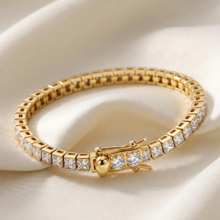 Brățară Tennis Unisex, Aurie, Tăietură Princess, Oțel Inoxidabil 316, placat cu aur de 18k, 17,8 cm, Grosime 3mm [2]