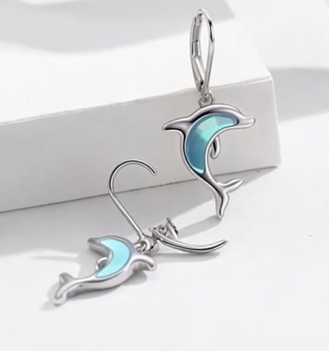 Cercei din Argint 925, Delfin cu Pietre de Piatră Lună (Moonstone), Hipoalergenici, Închidere Sigură, Bijuterii pentru Femei/Fete, Cadou Ideal [5]