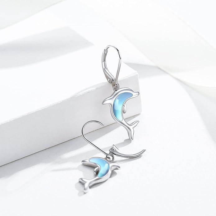 Cercei din Argint 925, Delfin cu Pietre de Piatră Lună (Moonstone), Hipoalergenici, Închidere Sigură, Bijuterii pentru Femei/Fete, Cadou Ideal [2]