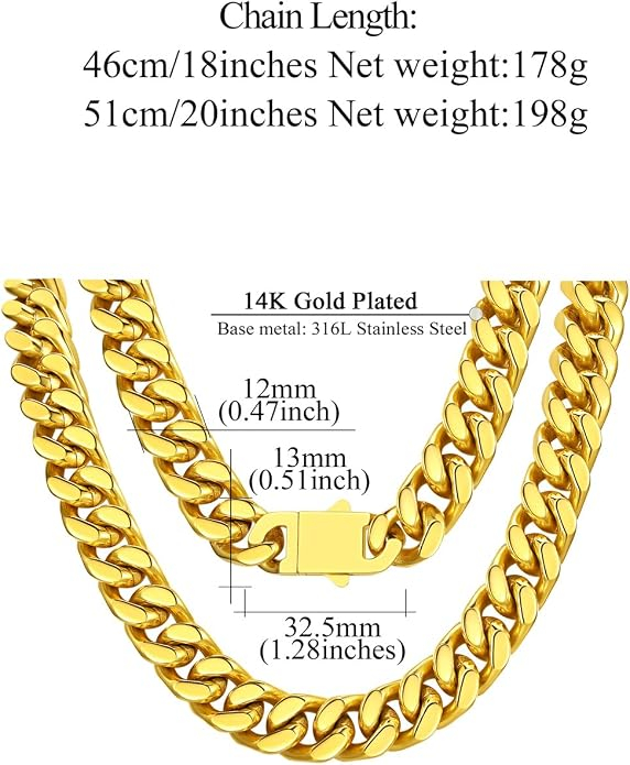 Colier Damă / Lanț Masiv Zale Cubaneze (Cuban Link), 12 mm x 46 cm, Oțel Inoxidabil, Placat cu Aur 14k, Hipoalergenic [5]