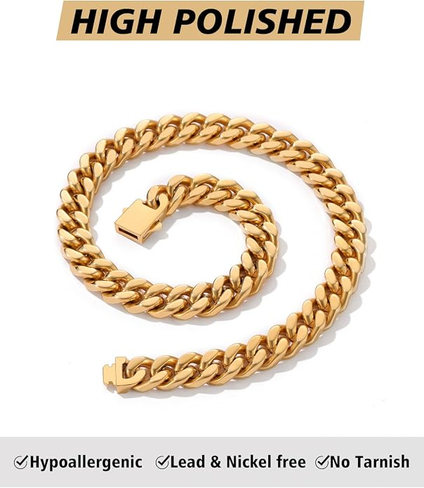 Colier Damă / Lanț Masiv Zale Cubaneze (Cuban Link), 12 mm x 46 cm, Oțel Inoxidabil, Placat cu Aur 14k, Hipoalergenic [4]