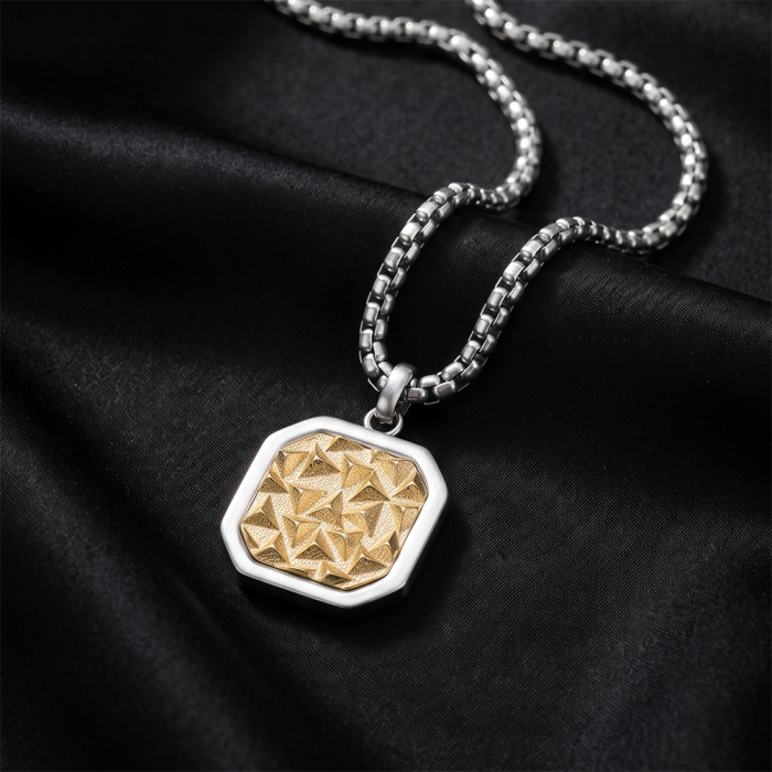 Colier Masiv Bărbați, Stil Cuban Link cu Placă Centrală Texturată, Argintiu, Oțel Inoxidabil 316, Lungime Ajustabilă 55 + 5 cm [5]