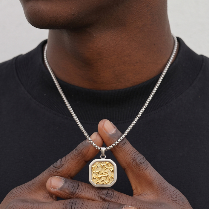 Colier Masiv Bărbați, Stil Cuban Link cu Placă Centrală Texturată, Argintiu, Oțel Inoxidabil 316, Lungime Ajustabilă 55 + 5 cm [2]