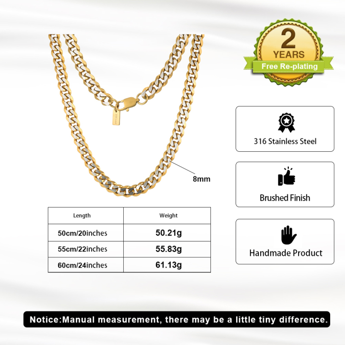 Colier Masiv Bărbați, Stil Curb Chain Two Tone, Oțel Inoxidabil, Placat cu Aur 18K, Grosime 8 mm, Stil Hiphop Streetwear, Lungime 50 cm [5]