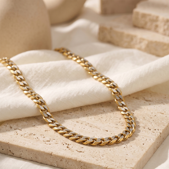 Colier Masiv Bărbați, Stil Curb Chain Two Tone, Oțel Inoxidabil, Placat cu Aur 18K, Grosime 8 mm, Stil Hiphop Streetwear, Lungime 55 cm [3]