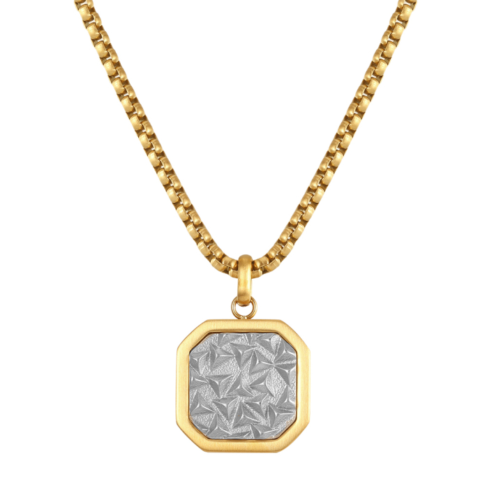 Colier Masiv Bărbați, Stil Cuban Link cu Placă Centrală Texturată, Auriu, Oțel Inoxidabil 316,placat cu aur de 18k, Lungime Ajustabilă 55 + 5 cm [5]