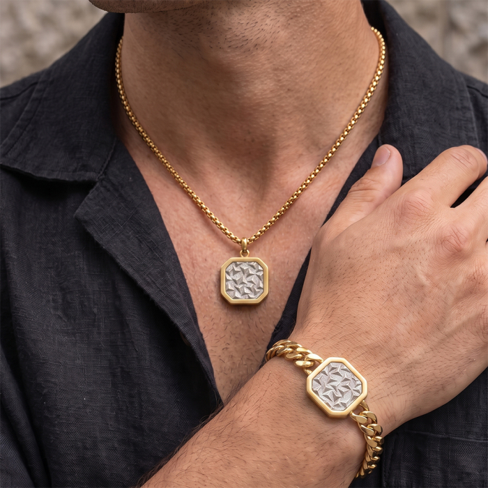 Colier Masiv Bărbați, Stil Cuban Link cu Placă Centrală Texturată, Auriu, Oțel Inoxidabil 316,placat cu aur de 18k, Lungime Ajustabilă 55 + 5 cm [2]