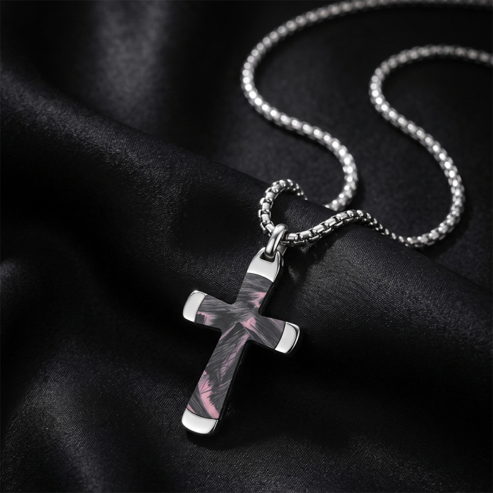 Lanț cu Pandantiv Cruce pentru Bărbați, Design Modern cu Textură Unică, Argintiu, Oțel Inoxidabil 316, Lungime Ajustabilă 55 + 5 cm [3]