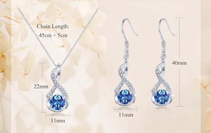 Set Bijuterii din Argint 925, Colier și Cercei, Motiv Infinit cu Zirconiu Cubic Albastru, Hipoalergenic, Cadou pentru Femei [5]