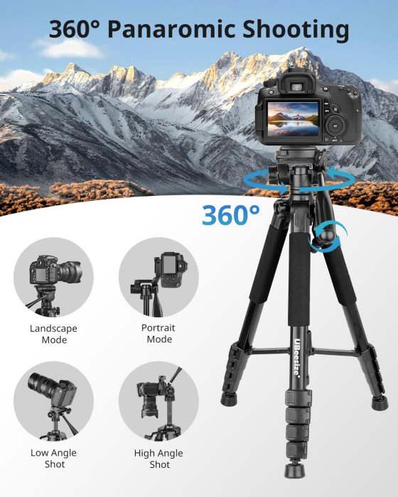 Trepied foto telescopic 53-188 cm cu telecomanda,cu cap panoramic 360° detasabil, suport pentru smartphone, pentru telefon mobil sau camera DSLR [4]