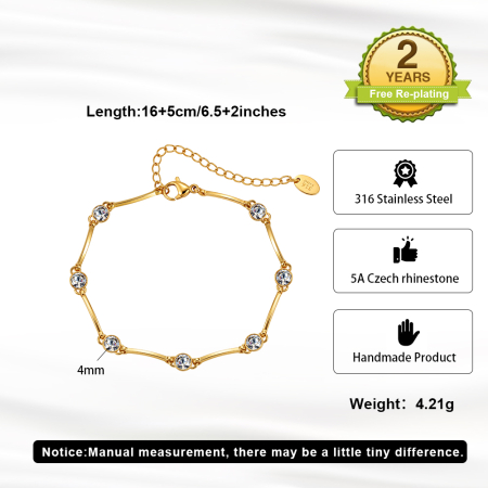Brățară Damă Delicată cu Zirconii, Aurie, Oțel Inoxidabil 316, placat cu aur de 18k, Lungime Ajustabilă 16.5 + 5 cm, Grosime 4 mm [5]