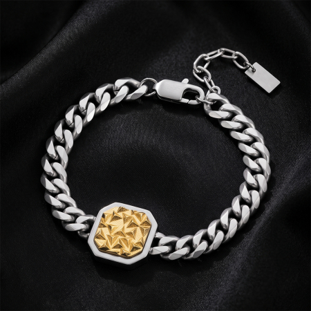 Bratari - Brățară Masivă Bărbați, Stil Cuban Link cu Placă Centrală Texturată, Argintie, Oțel Inoxidabil 316, Lungime Ajustabilă 19 + 5 cm, Grosime 8 mm