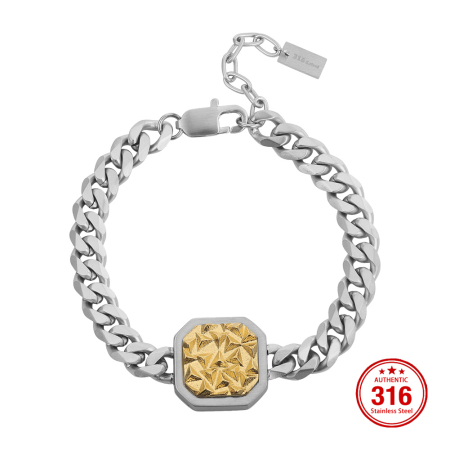 Brățară Masivă Bărbați, Stil Cuban Link cu Placă Centrală Texturată, Argintie, Oțel Inoxidabil 316, Lungime Ajustabilă 19 + 5 cm, Grosime 8 mm [2]