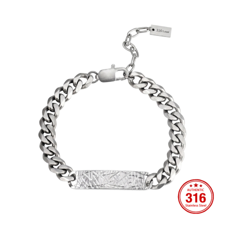 Brățară Masivă Bărbați, Stil Cuban Link cu Placă Centrală Texturată, Argintie, Oțel Inoxidabil 316, Lungime Ajustabilă 19 + 5 cm, Grosime 9 mm [3]