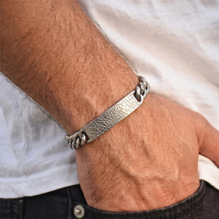 Brățară Masivă Bărbați, Stil Cuban Link cu Placă Centrală Texturată, Argintie, Oțel Inoxidabil 316, Lungime Ajustabilă 19 + 5 cm, Grosime 9 mm [1]