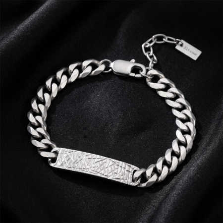 Bratari - Brățară Masivă Bărbați, Stil Cuban Link cu Placă Centrală Texturată, Argintie, Oțel Inoxidabil 316, Lungime Ajustabilă 19 + 5 cm, Grosime 9 mm