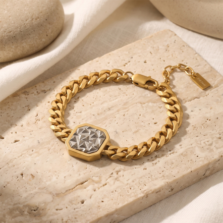 Brățară Masivă Bărbați, Stil Cuban Link cu Placă Centrală Texturată, Aurie, Oțel Inoxidabil 316, placat cu aur de 18k, Lungime Ajustabilă 19 + 5 cm, Grosime 8 mm [6]