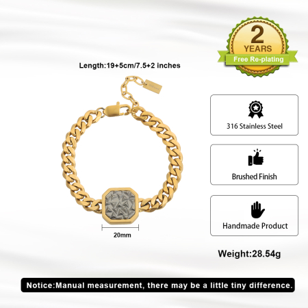 Brățară Masivă Bărbați, Stil Cuban Link cu Placă Centrală Texturată, Aurie, Oțel Inoxidabil 316, placat cu aur de 18k, Lungime Ajustabilă 19 + 5 cm, Grosime 8 mm [4]