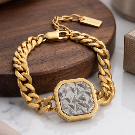 Bratari - Brățară Masivă Bărbați, Stil Cuban Link cu Placă Centrală Texturată, Aurie, Oțel Inoxidabil 316, placat cu aur de 18k, Lungime Ajustabilă 19 + 5 cm, Grosime 8 mm