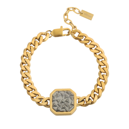 Brățară Masivă Bărbați, Stil Cuban Link cu Placă Centrală Texturată, Aurie, Oțel Inoxidabil 316, placat cu aur de 18k, Lungime Ajustabilă 19 + 5 cm, Grosime 8 mm [5]