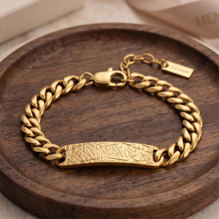 Brățară Masivă Bărbați, Stil Cuban Link cu Placă Centrală Texturată, Aurie, Oțel Inoxidabil 316, placat cu aur de 18k Lungime Ajustabilă 19 + 5 cm, Grosime 9 mm [2]