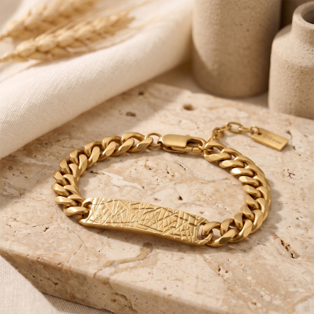 Bratari - Brățară Masivă Bărbați, Stil Cuban Link cu Placă Centrală Texturată, Aurie, Oțel Inoxidabil 316, placat cu aur de 18k Lungime Ajustabilă 19 + 5 cm, Grosime 9 mm