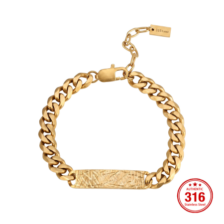 Brățară Masivă Bărbați, Stil Cuban Link cu Placă Centrală Texturată, Aurie, Oțel Inoxidabil 316, placat cu aur de 18k Lungime Ajustabilă 19 + 5 cm, Grosime 9 mm [5]