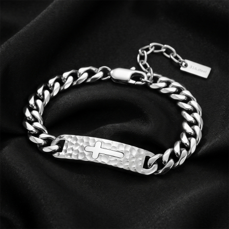 Bratari - Brățară Masivă Bărbați, Stil Curb Chain cu Placă Centrală Texturată și Cruce, Argintie, Oțel Inoxidabil 316, Lungime Ajustabilă 19 + 5 cm, Grosime 9.5 mm