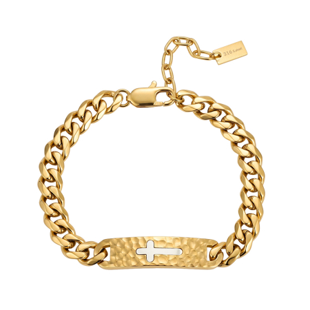 Brățară Masivă Bărbați, Stil Curb Chain cu Placă Centrală Texturată și Cruce, Aurie, Oțel Inoxidabil 316, placat cu aur de 18k, Lungime Ajustabilă 19 + 5 cm, Grosime 9.5 mm [3]