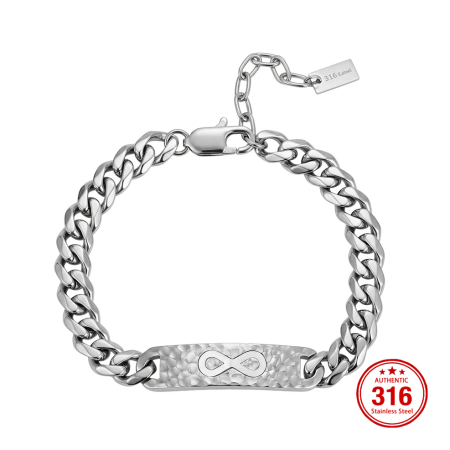 Brățară Masivă Bărbați, Stil Curb Chain cu Placă Centrală Texturată și Simbolul Infinitului, Argintie, Oțel Inoxidabil 316, Lungime Ajustabilă 19 + 5 cm, Grosime 9.5 mm [1]