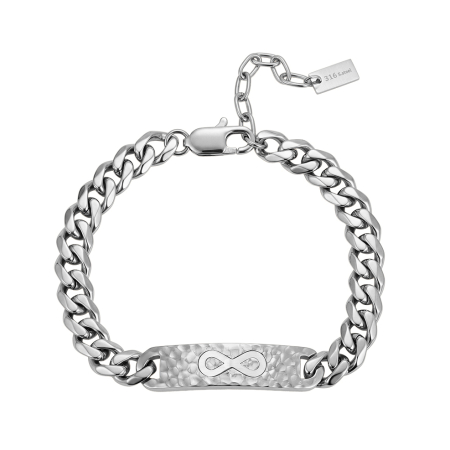 Bratari - Brățară Masivă Bărbați, Stil Curb Chain cu Placă Centrală Texturată și Simbolul Infinitului, Argintie, Oțel Inoxidabil 316, Lungime Ajustabilă 19 + 5 cm, Grosime 9.5 mm