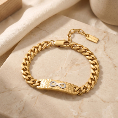 Bratari - Brățară Masivă Bărbați, Stil Curb Chain cu Placă Centrală Texturată și Simbolul Infinitului, Aurie, Oțel Inoxidabil 316, placat cu aur de 18k Lungime Ajustabilă 19 + 5 cm, Grosime 9.5 mm