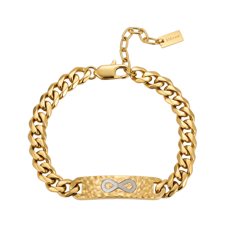 Brățară Masivă Bărbați, Stil Curb Chain cu Placă Centrală Texturată și Simbolul Infinitului, Aurie, Oțel Inoxidabil 316, placat cu aur de 18k Lungime Ajustabilă 19 + 5 cm, Grosime 9.5 mm [2]