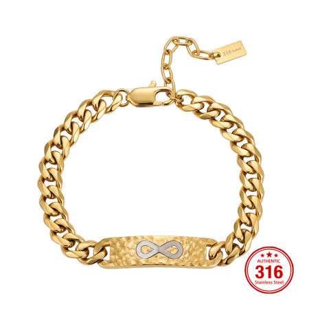Brățară Masivă Bărbați, Stil Curb Chain cu Placă Centrală Texturată și Simbolul Infinitului, Aurie, Oțel Inoxidabil 316, placat cu aur de 18k Lungime Ajustabilă 19 + 5 cm, Grosime 9.5 mm [3]