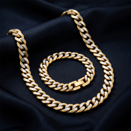 Brățară Masivă Bărbați, Stil Curb Chain Two Tone, Oțel Inoxidabil, Placat cu Aur 18K, Grosime 8 mm, Lungime 19 cm [5]