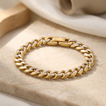 Bratari - Brățară Masivă Bărbați, Stil Curb Chain Two Tone, Oțel Inoxidabil, Placat cu Aur 18K, Grosime 8 mm, Lungime 19 cm