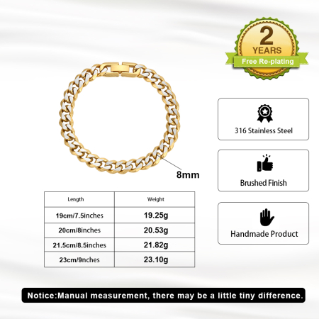 Brățară Masivă Bărbați, Stil Curb Chain Two Tone, Oțel Inoxidabil, Placat cu Aur 18K, Grosime 8 mm, Lungime 19 cm [7]