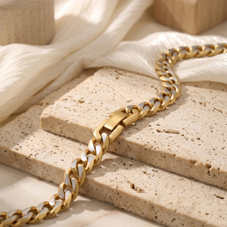 Brățară Masivă Bărbați, Stil Curb Chain Two Tone, Oțel Inoxidabil, Placat cu Aur 18K, Grosime 8 mm, Lungime 19 cm [3]