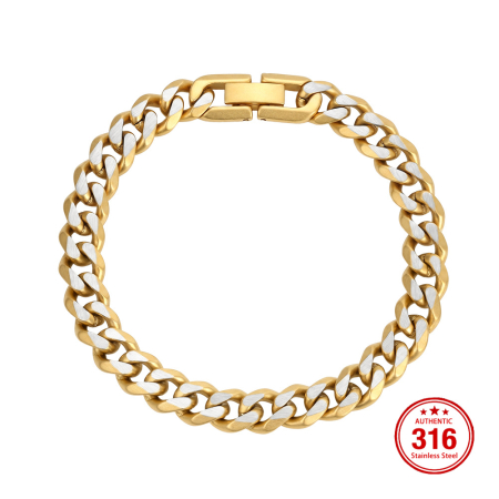 Brățară Masivă Bărbați, Stil Curb Chain Two Tone, Oțel Inoxidabil, Placat cu Aur 18K, Grosime 8 mm, Lungime 21.5 cm [7]