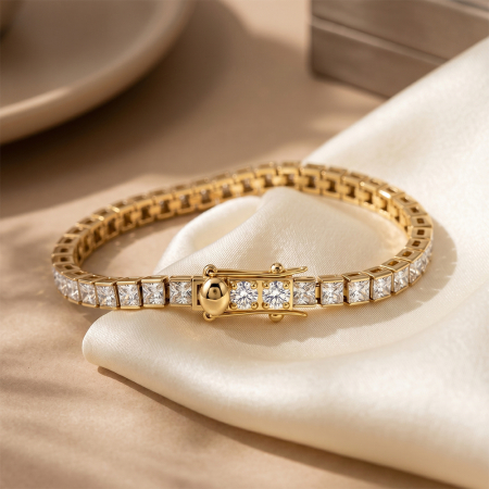 Bijuterii fashion - Brățară Tennis Unisex, Aurie, Tăietură Princess, Oțel Inoxidabil 316, placat cu aur de 18k, 17,8 cm, Grosime 3mm
