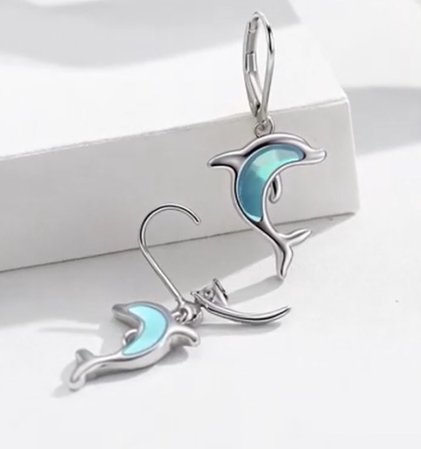 Cercei din Argint 925, Delfin cu Pietre de Piatră Lună (Moonstone), Hipoalergenici, Închidere Sigură, Bijuterii pentru Femei/Fete, Cadou Ideal [4]