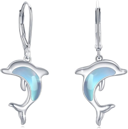 Cercei din argint - Cercei din Argint 925, Delfin cu Pietre de Piatră Lună (Moonstone), Hipoalergenici, Închidere Sigură, Bijuterii pentru Femei/Fete, Cadou Ideal