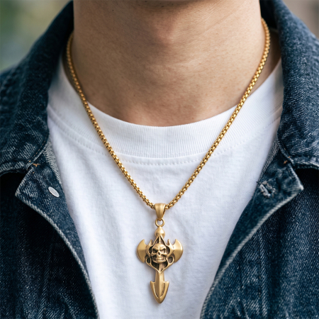 Coliere - Colier Bărbați, Pandantiv Topor cu Skull, Oțel Inoxidabil 316L, Placat cu Aur 18K, Stil Punk Biker