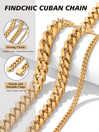 Colier Damă / Lanț Masiv Zale Cubaneze (Cuban Link), 12 mm x 46 cm, Oțel Inoxidabil, Placat cu Aur 14k, Hipoalergenic [5]