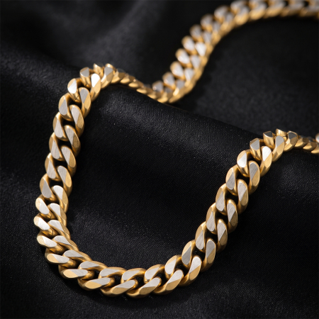 Coliere - Colier Masiv Bărbați, Stil Curb Chain Two Tone, Oțel Inoxidabil, Placat cu Aur 18K, Grosime 8 mm, Stil Hiphop Streetwear, Lungime 55 cm