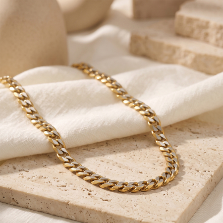 Coliere - Colier Masiv Bărbați, Stil Curb Chain Two Tone, Oțel Inoxidabil, Placat cu Aur 18K, Grosime 8 mm, Stil Hiphop Streetwear, Lungime 50 cm