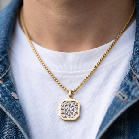 Coliere - Colier Masiv Bărbați, Stil Cuban Link cu Placă Centrală Texturată, Auriu, Oțel Inoxidabil 316,placat cu aur de 18k, Lungime Ajustabilă 55 + 5 cm